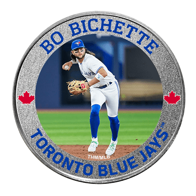 A picture of a 1 oz Toronto Blue Jays Silver Colourized Player Round- Bo Bichette